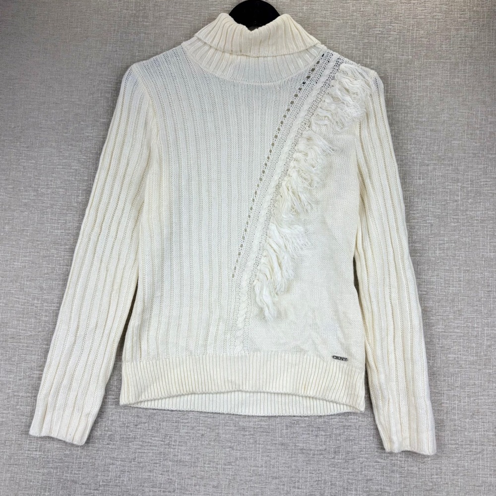 DKNY Womens Medium Ivory Ribbed Fringe Turtleneck Sweater Cream Long Sleeve